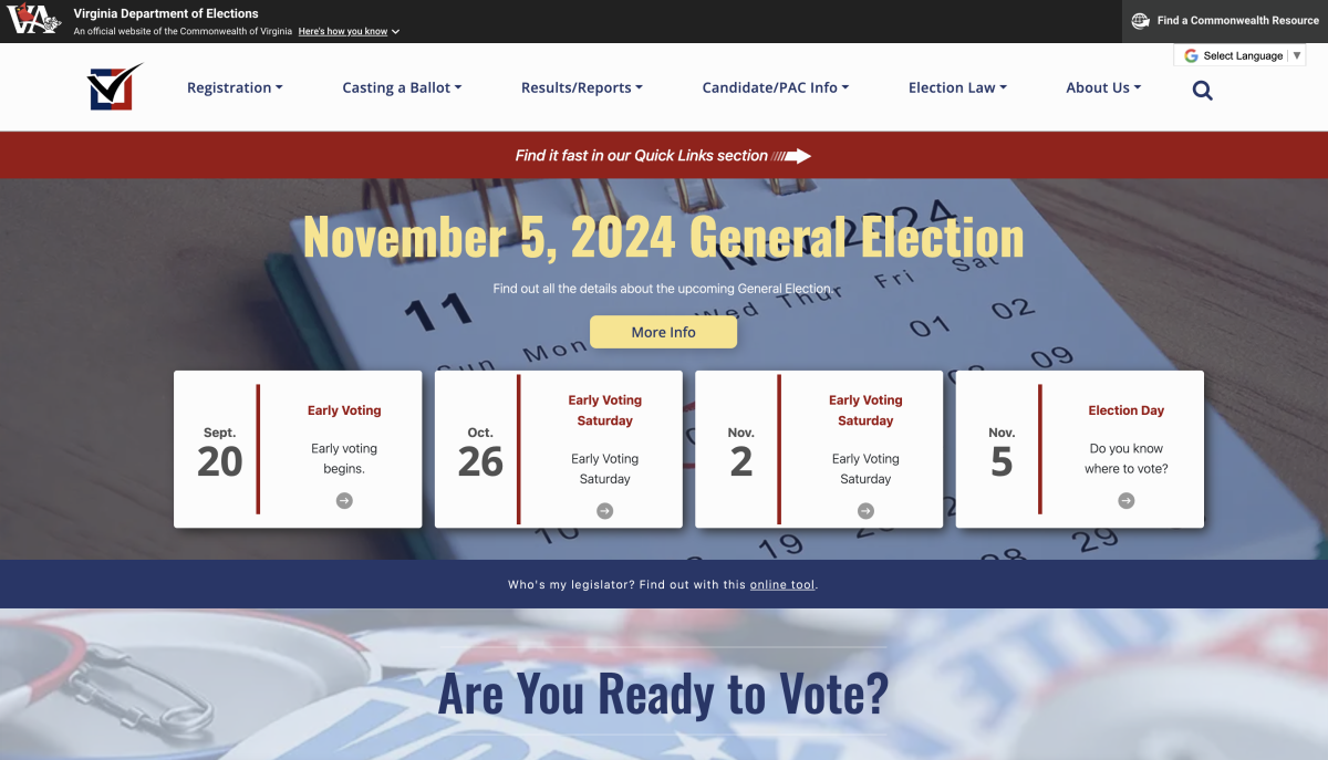 The main page of the Virginia Department of Elections, where Virgnia voters access information about registration, results and election dates. The Department has been tasked with carrying out Youngkin's August executive order to remove 1,600 voters from state voter rolls in advance of the election.